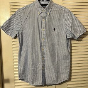 Ralph Lauren Blue and White Seersucker Striped Untucked Fit Buttondown Shirt